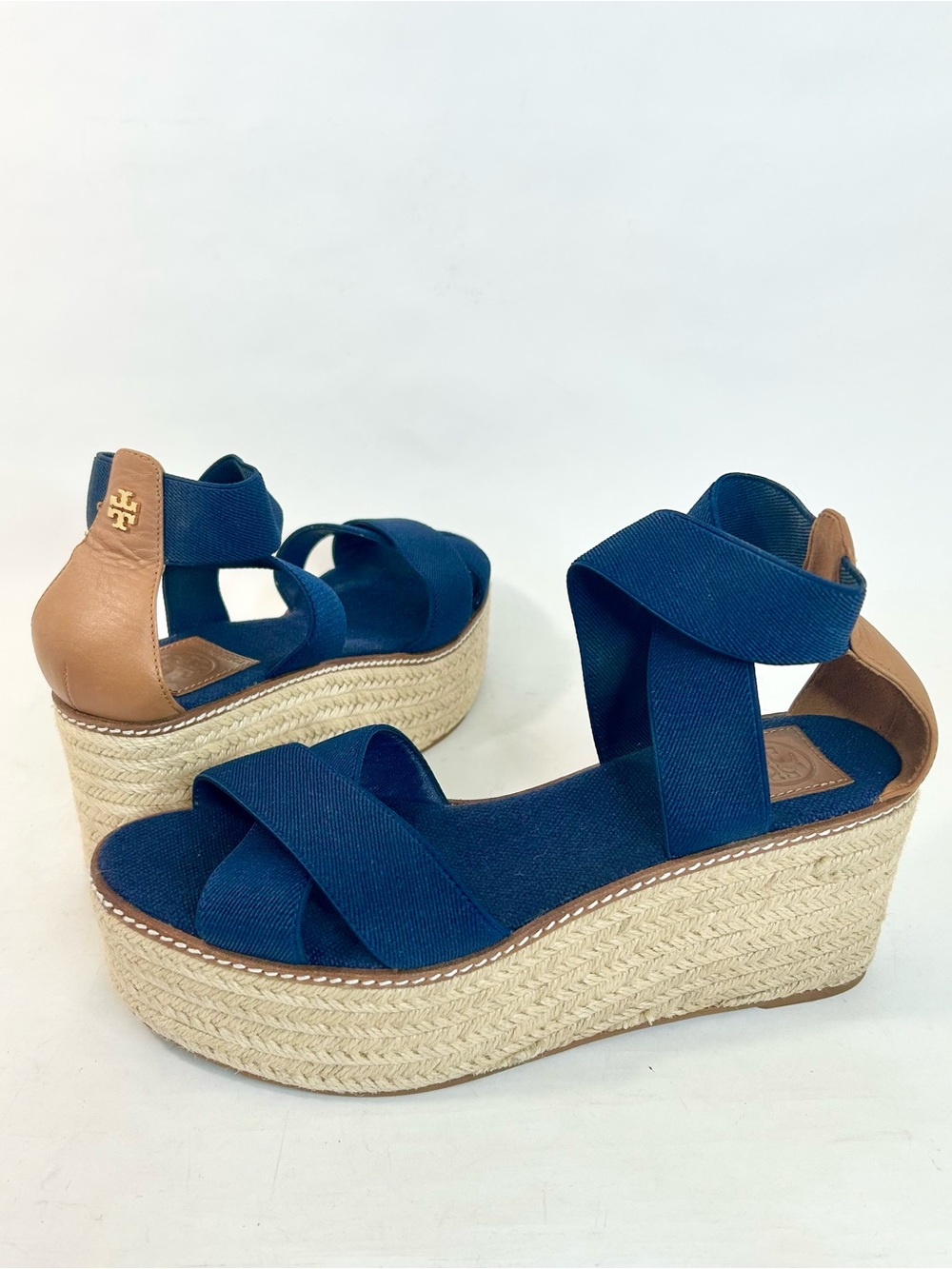 Tory Burch Frieda Espadrille Wedge Sandals in Navy Blue and Tan size 9